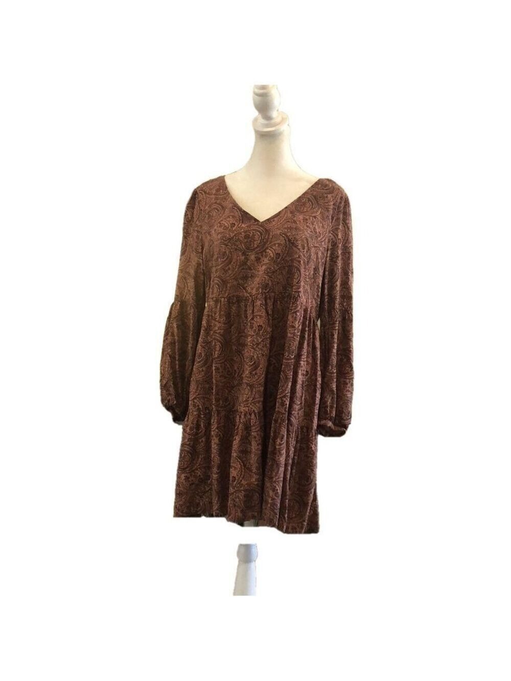 Lucky Brand Size S Bohemian Paisley Dress tiers full sleeves flirty v neck brown